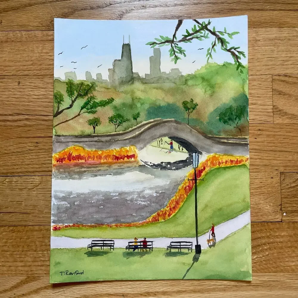 Hand painted watercolor original painting park fishing Chicago